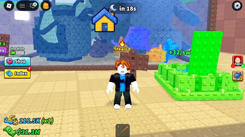 A player at their underwater base in Steal Fish Eggs.