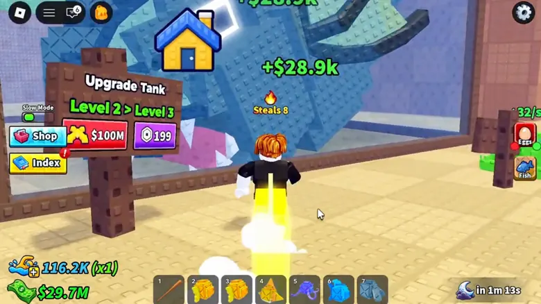 A player checking their base and collection area in Steal Fish Eggs.